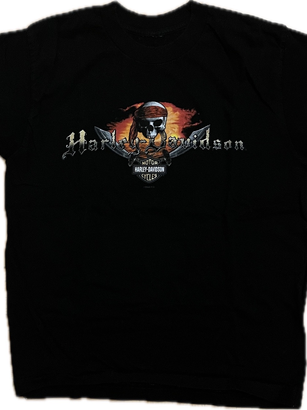 Harley-Davidson Black Tee with Skull and Flame Graphic